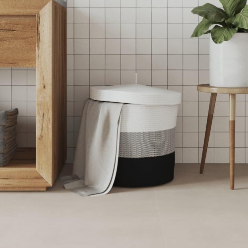 Opbevaringskurv med låg Ø40x35 bomuld hvid og sort