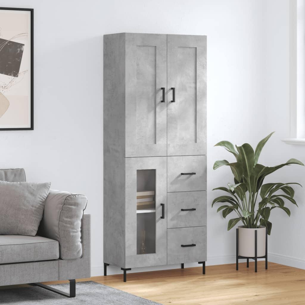 Højskab 69,5x34x180 Cm Konstrueret Træ - Betongrå / 1 glaslåge 3 skuffer