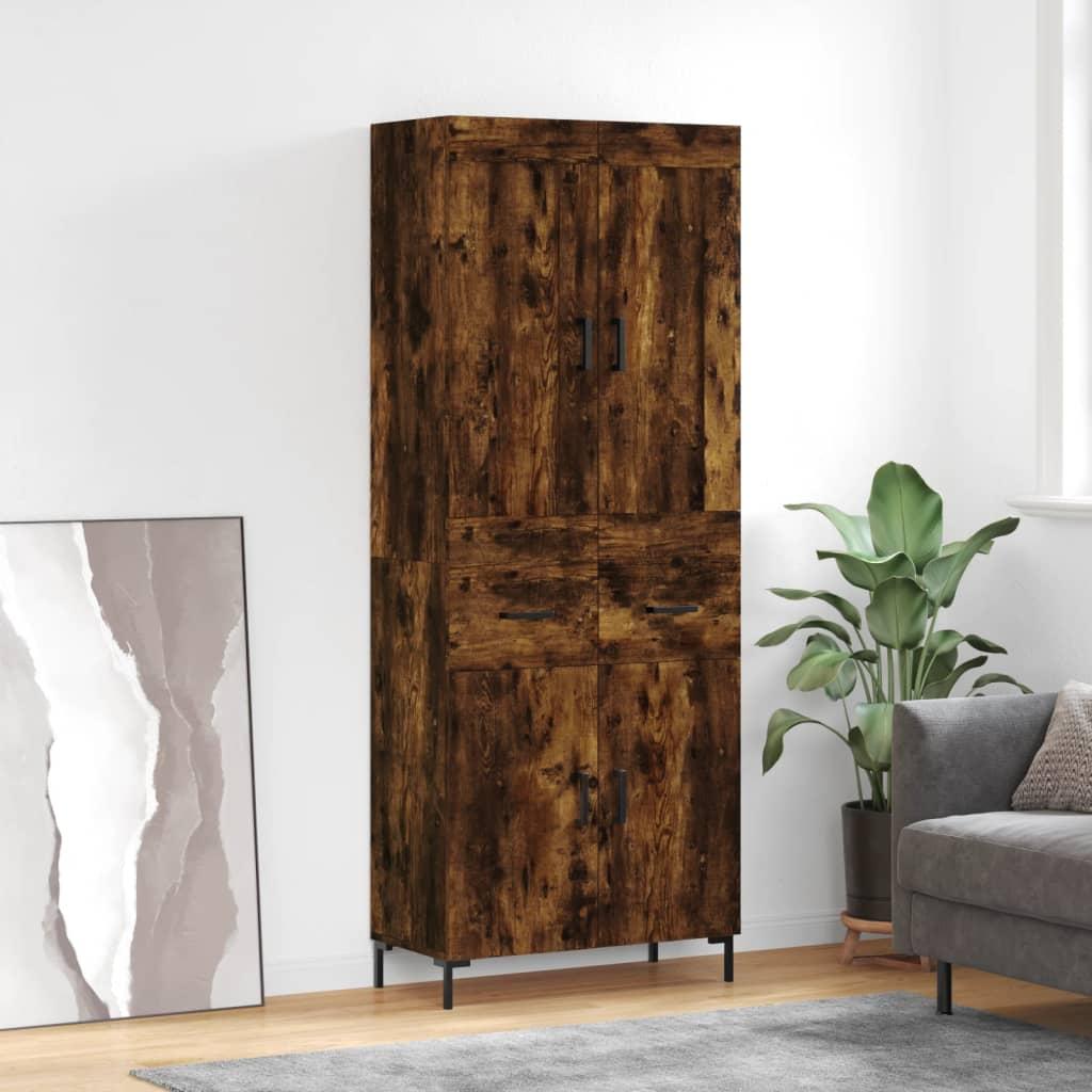 Højskab 69,5x34x180 Cm Konstrueret Træ - Røget eg / 2 låger og 2 skuffer