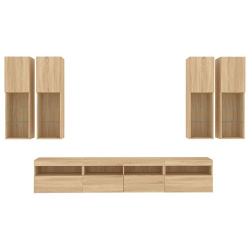 Væghængt tv-møbel 7 dele med LED-lys sonoma-eg