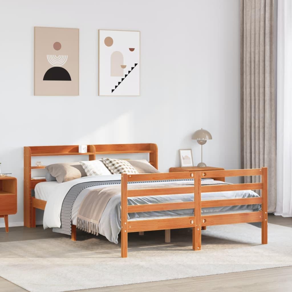 Sengeramme 150x200 cm i massivt fyrretræ - gyldenbrun med hovedgærde og hylder