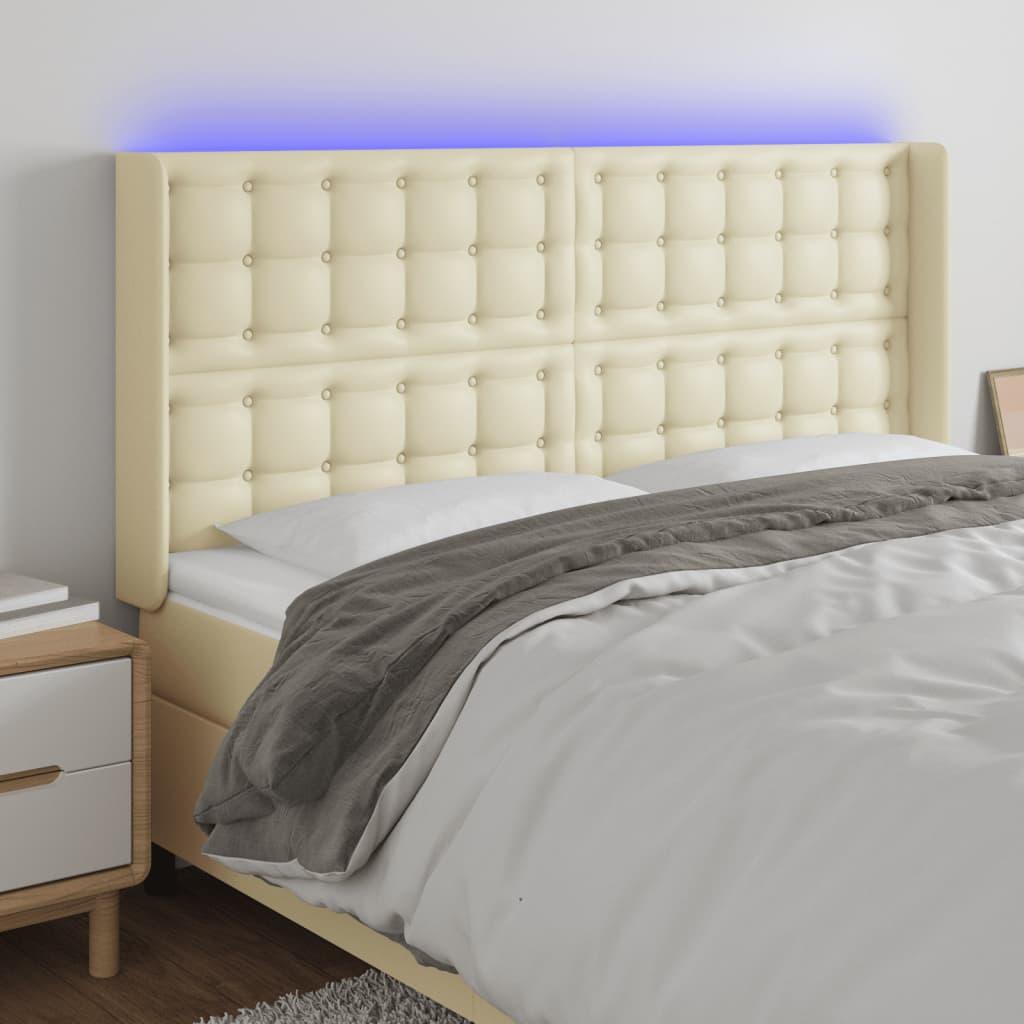 Sengegavl med LED-lys 147x16x118/128 cm - kunstlæder, cremefarvet