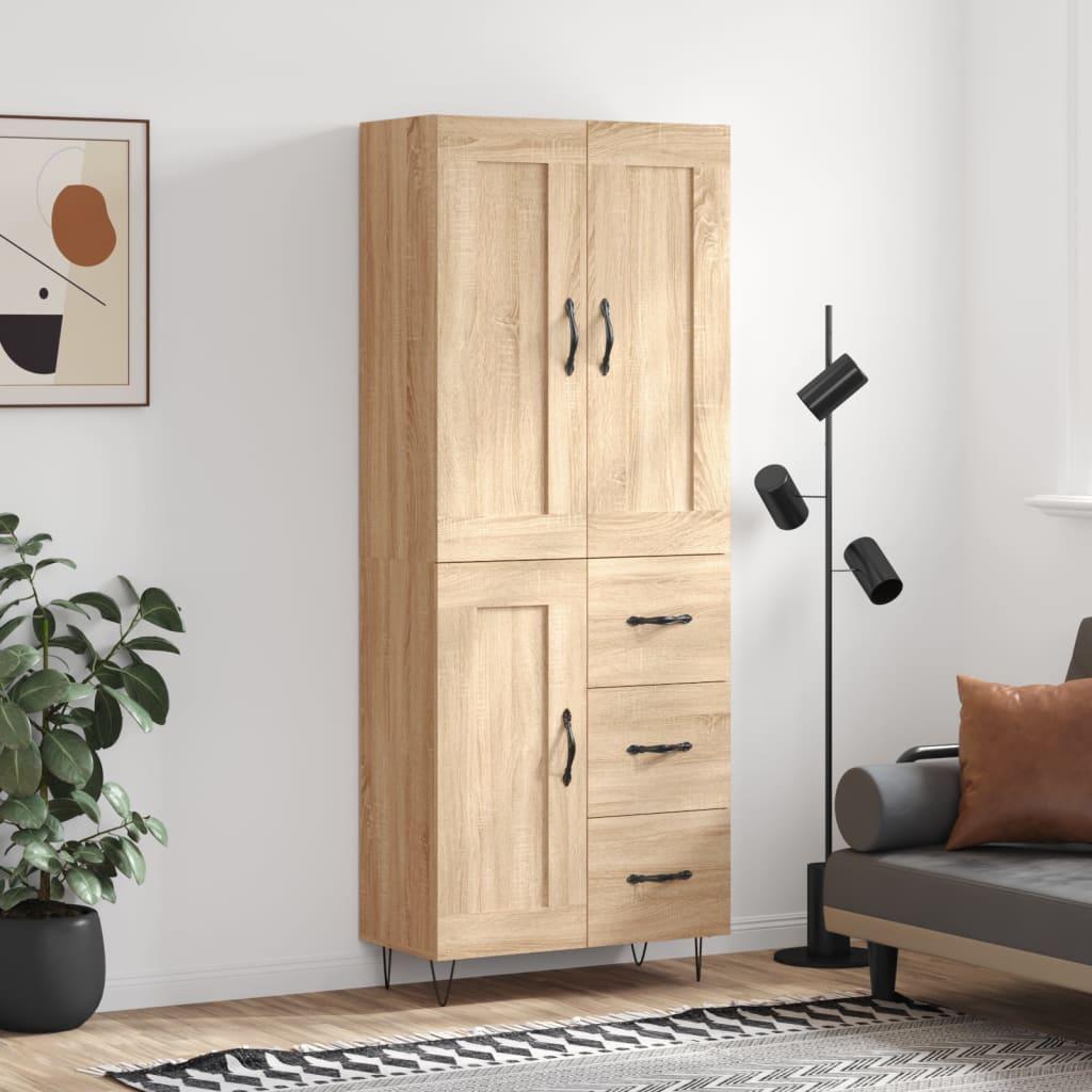 Højskab 69,5x34x180 Cm Konstrueret Træ - Sonoma-eg / 1 trælåge 3 skuffer