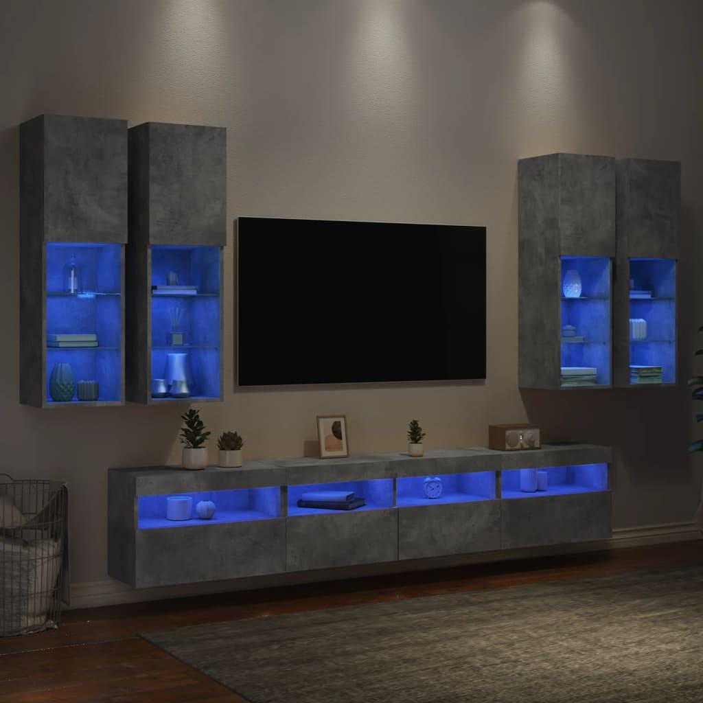 Væghængt tv-møbel 7 dele med LED-lys betongrå