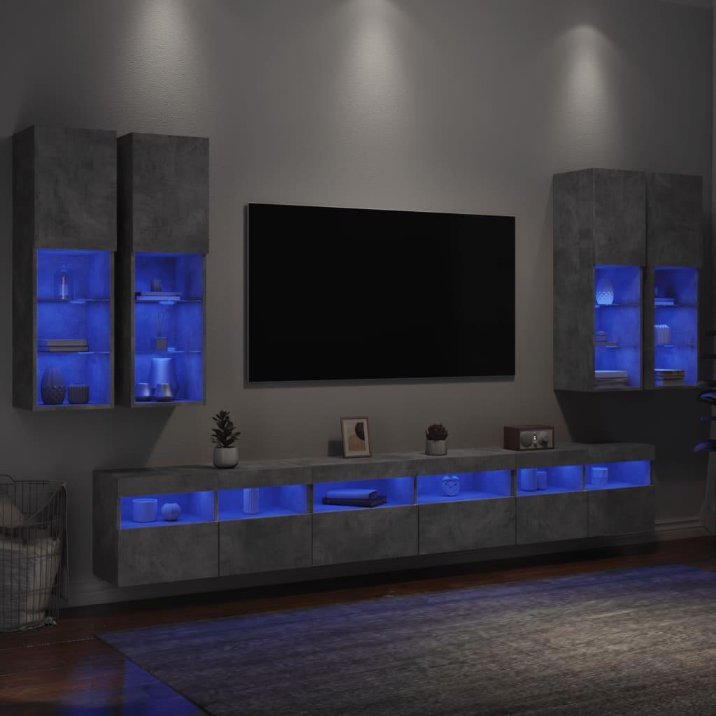 Væghængt tv-møbel 7 dele med LED-lys betongrå