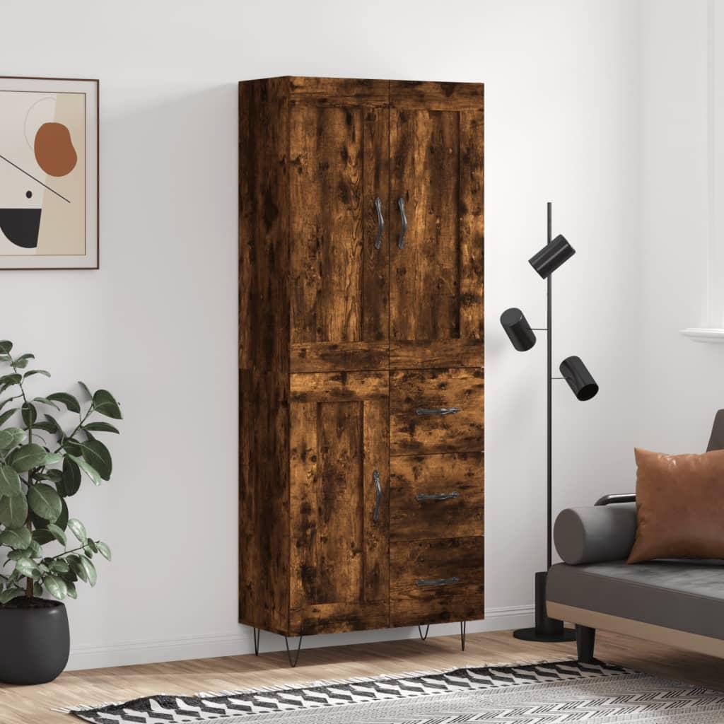 Højskab 69,5x34x180 Cm Konstrueret Træ - Røget eg / 1 trælåge 3 skuffer