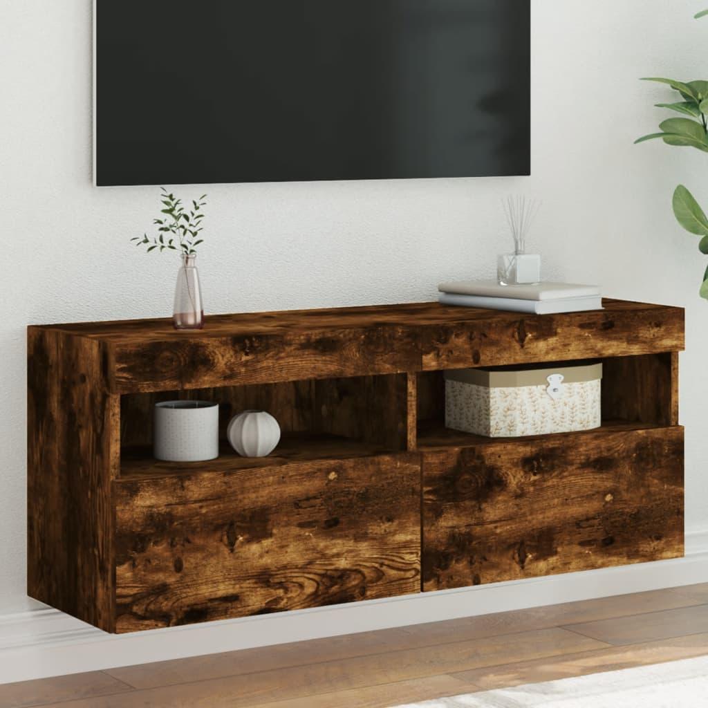 Væghængt tv-bord med LED-lys 100x30x40 cm røget egetræsfarve