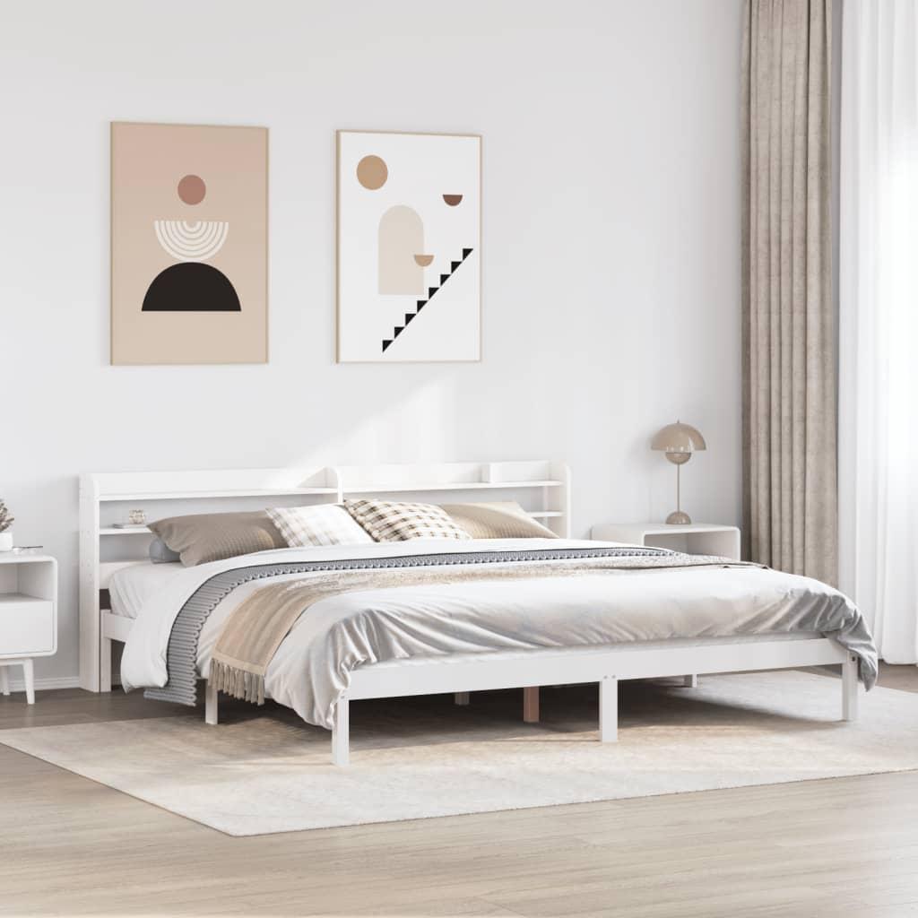 Sengeramme 180x200 cm i massivt fyrretræ - hvid, med hylder og lamelbund