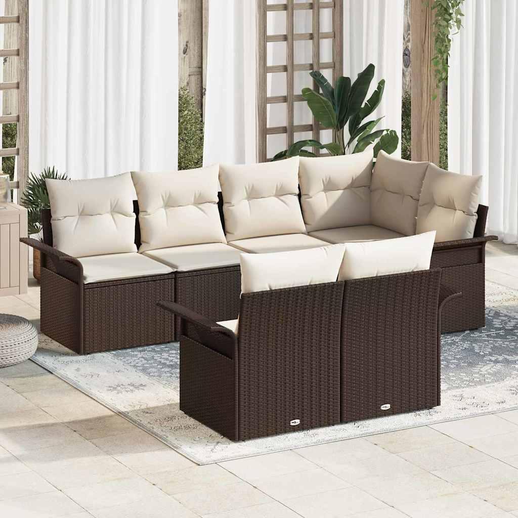 Havesofa Sæt med pude 7 stk Brun Poly rattan
