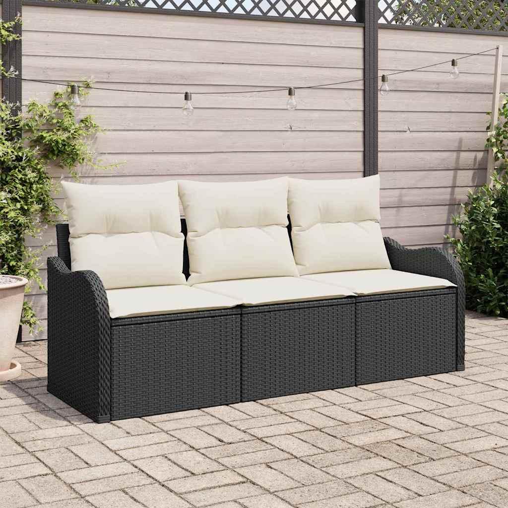 Havesofa Sæt med pude 3 stk Sort Poly rattan