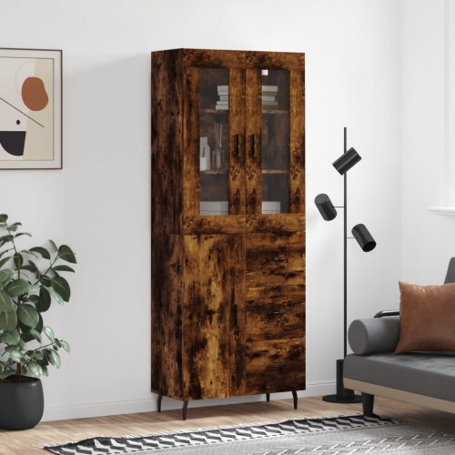 Højskab i røget egetræsfarve - 69,5×34×180 cm, konstrueret træ med glas og metalfødder