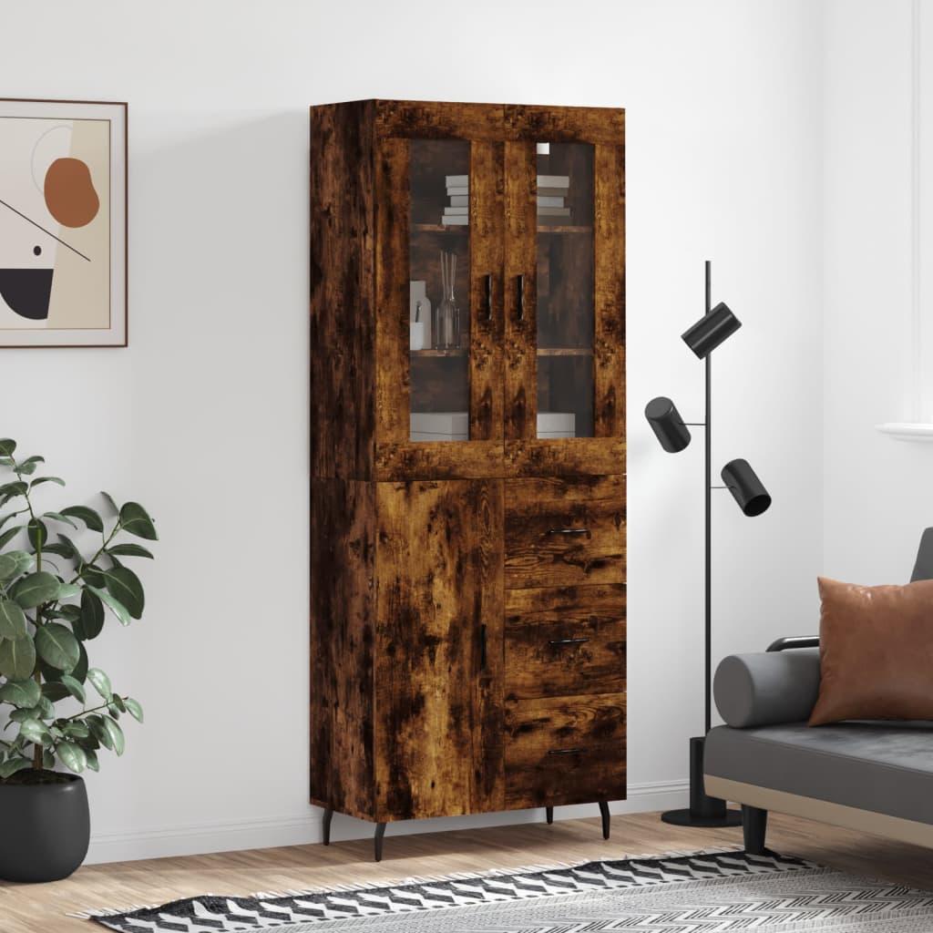 Højskab i røget egetræsfarve - 69,5×34×180 cm, konstrueret træ med glas og metalfødder