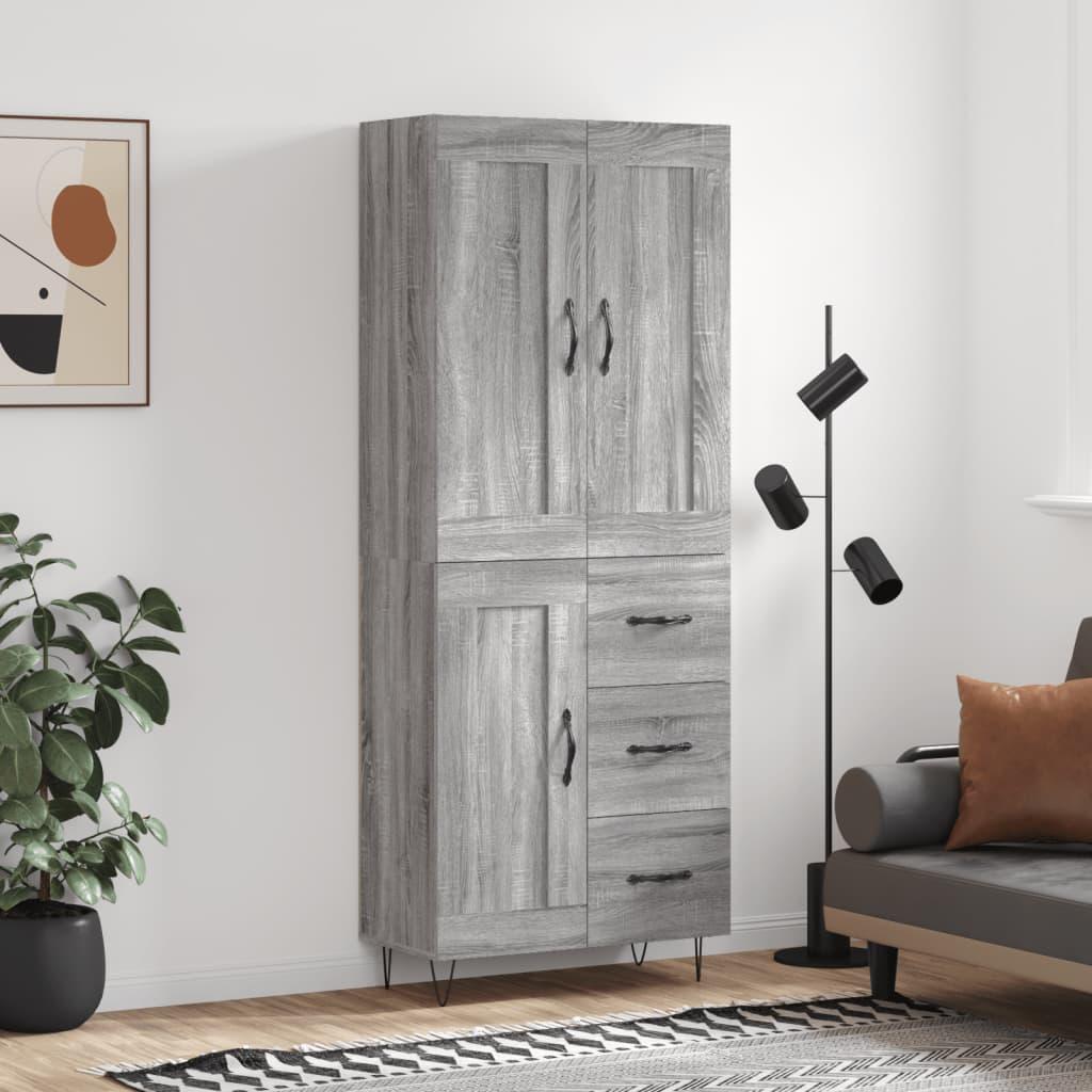 Højskab 69,5x34x180 Cm Konstrueret Træ - Grå sonoma-eg / 1 trælåge 3 skuffer