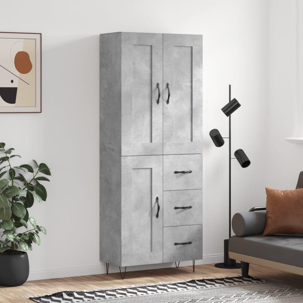 Højskab 69,5x34x180 Cm Konstrueret Træ - Betongrå / 1 trælåge 3 skuffer