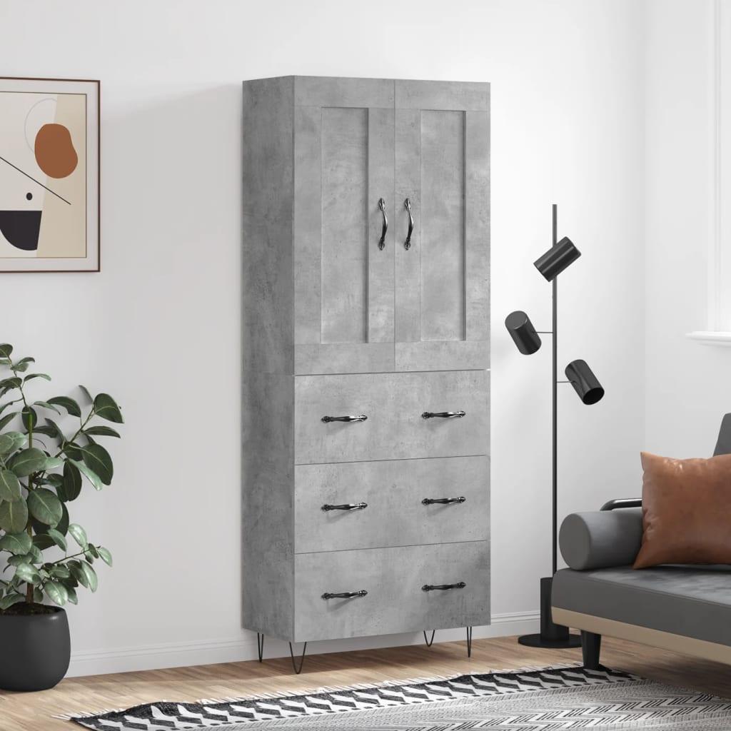 Højskab 69,5x34x180 Cm Konstrueret Træ - Betongrå / 3 skuffer