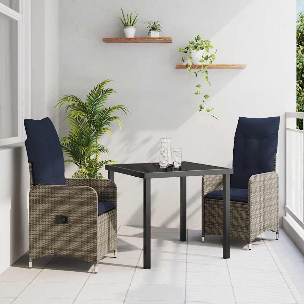 Havebord- og stolesæt med puder - 3 dele, grå PE rattan
