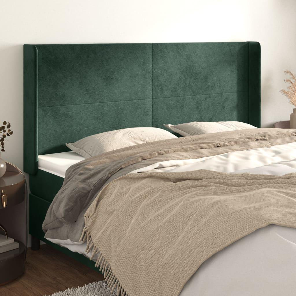 vidaXL sengegavl med kanter 163x16x118/128 cm fløjl mørkegrøn
