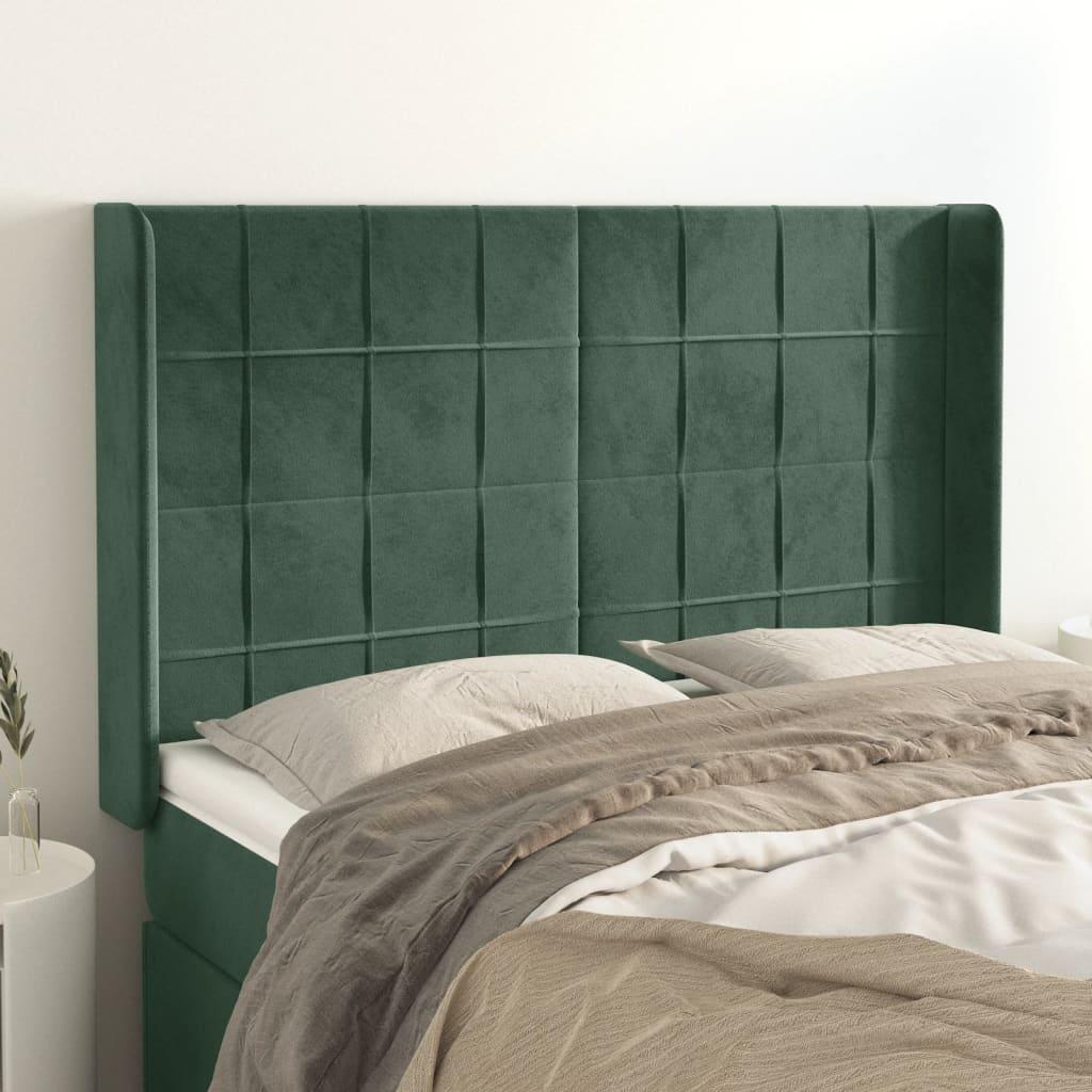 vidaXL sengegavl med kanter 147x16x118/128 cm fløjl mørkegrøn