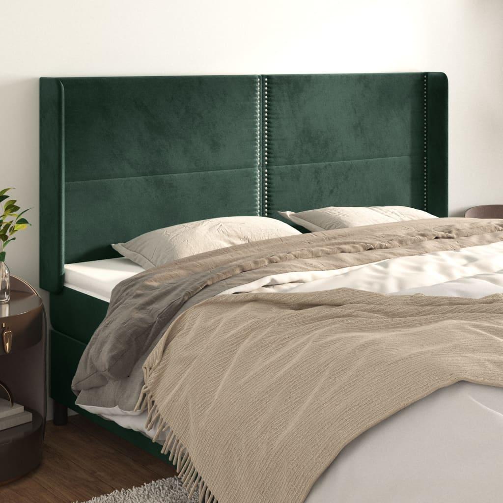 vidaXL sengegavl med kanter 203x16x118/128 cm fløjl mørkegrøn