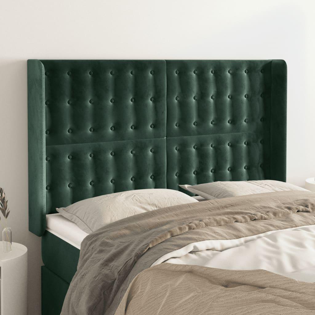vidaXL sengegavl med kanter 147x16x118/128 cm fløjl mørkegrøn