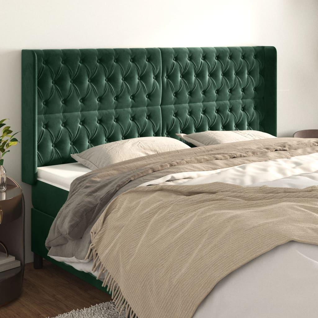 vidaXL sengegavl med kanter 183x16x118/128 cm fløjl mørkegrøn