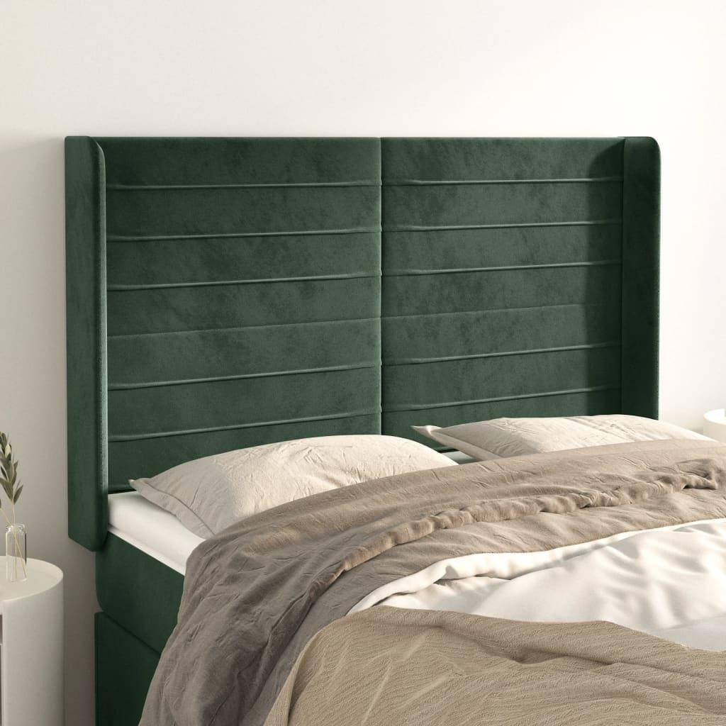 vidaXL sengegavl med kanter 147x16x118/128 cm fløjl mørkegrøn
