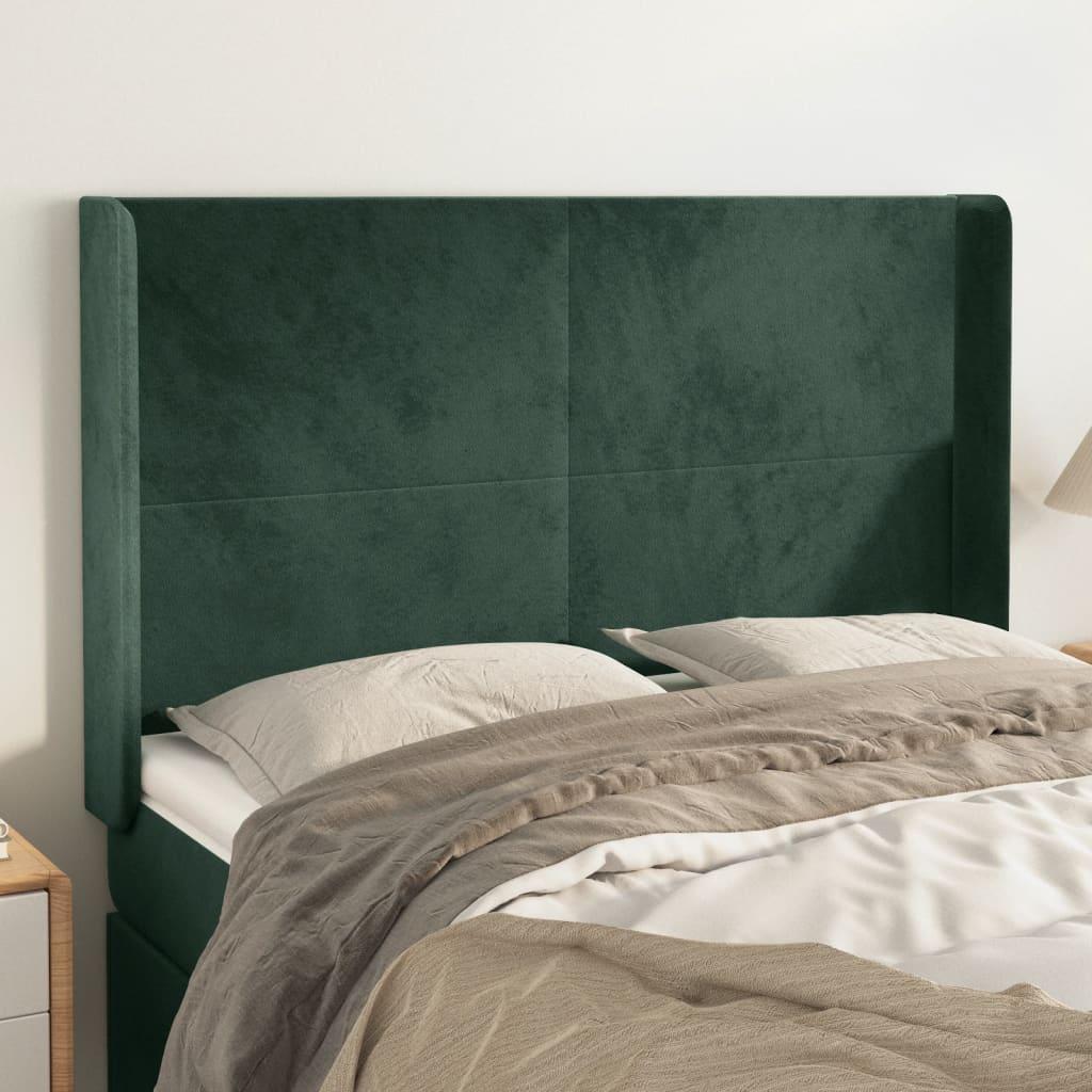 vidaXL sengegavl med kanter 147x16x118/128 cm fløjl mørkegrøn