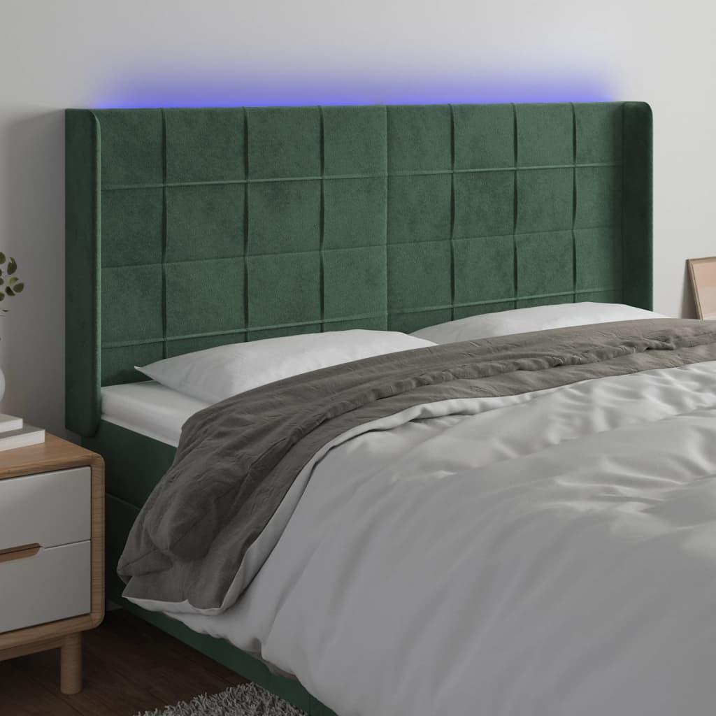 Sengegavl med LED-lys 163×16×118/128 cm - fløjl, mørkegrøn