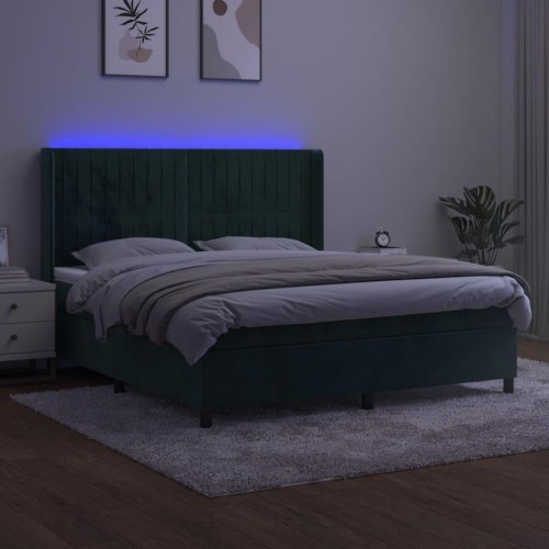 Kontinentalseng med LED-lys 180×200 cm - fløjl, mørkegrøn