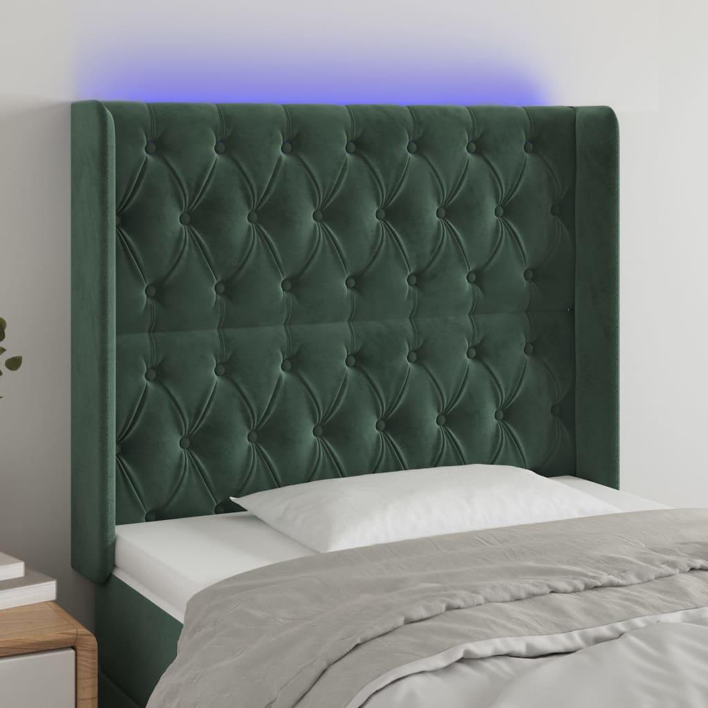 Sengegavl med LED-lys 93x16x118/128 cm - fløjl, mørkegrøn