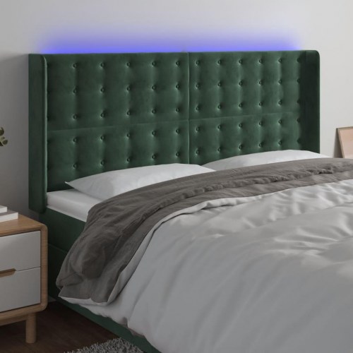 Sengegavl med LED-lys 163 x 16 x 118/128 cm - mørkegrøn fløjl