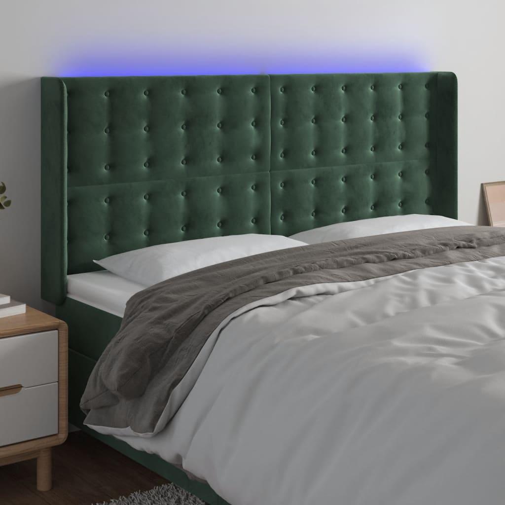 Sengegavl med LED-lys i fløjl - 163x16x118/128 cm, mørkegrøn