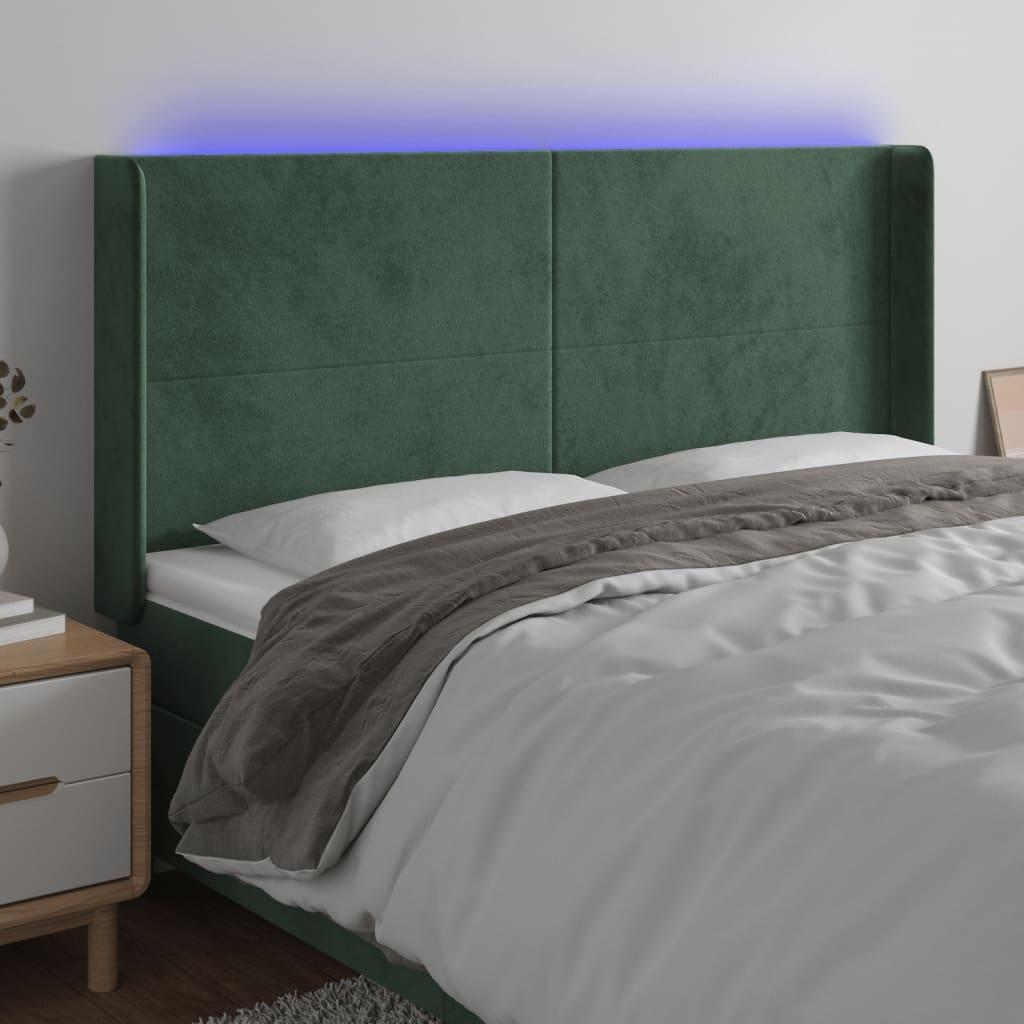 Sengegavl med LED-lys i fløjl - mørkegrøn, 163x16x118/128 cm