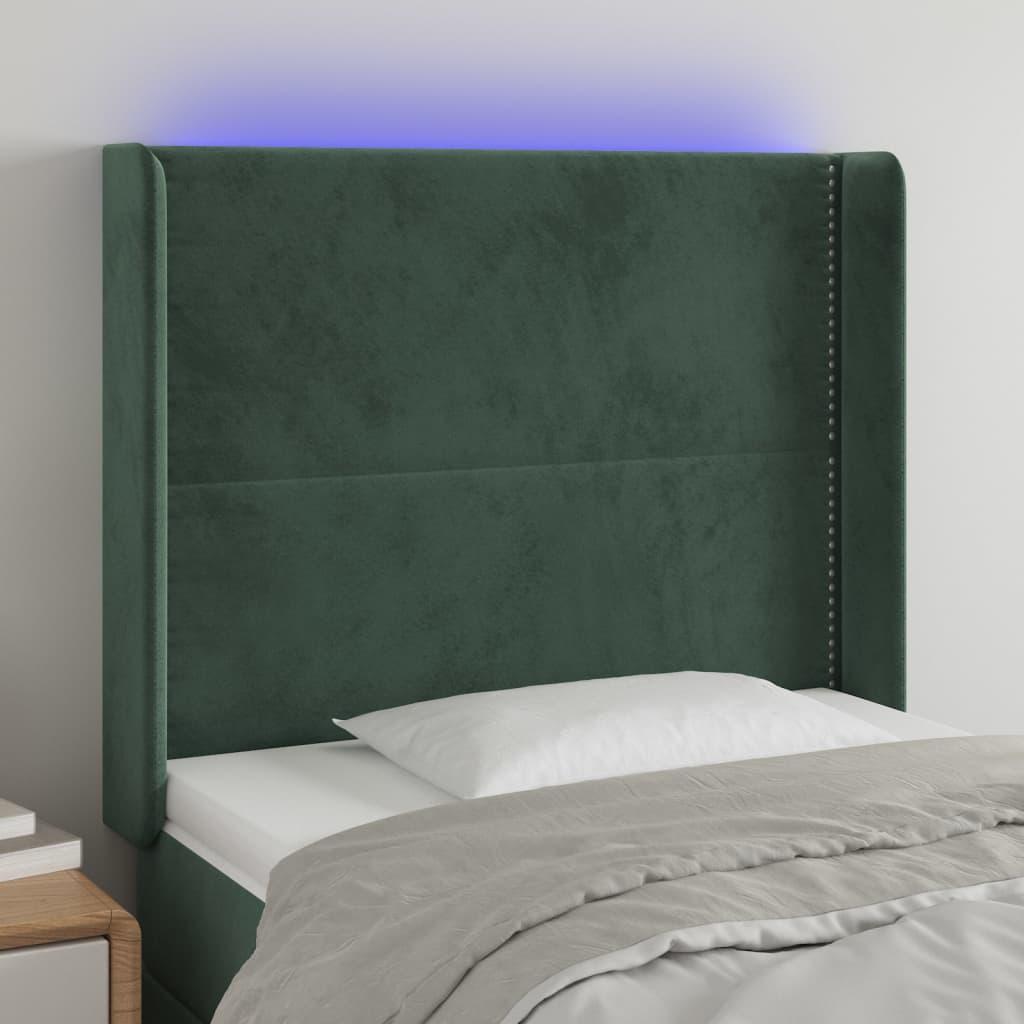 Sengegavl med LED-lys 83x16x118/128 cm fløjl mørkegrøn