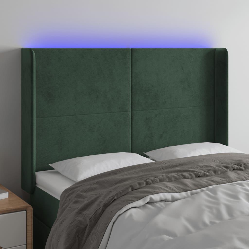 Sengegavl med LED-lys 147×16×118/128 cm - fløjl, mørkegrøn