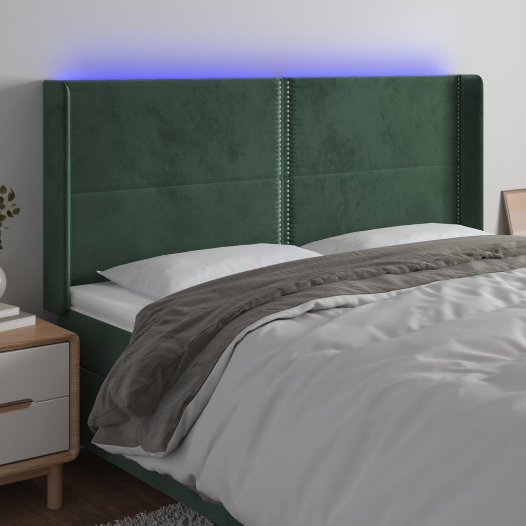 Sengegavl med LED-lys 203x16x118/128 cm - fløjl, mørkegrøn