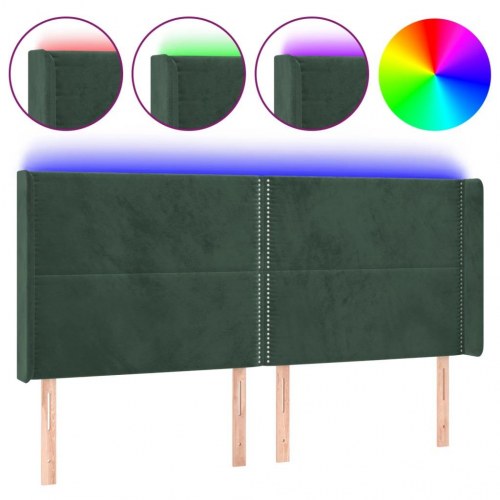 Sengegavl med LED-lys 203 x 16 x 118/128 cm - mørkegrøn fløjl