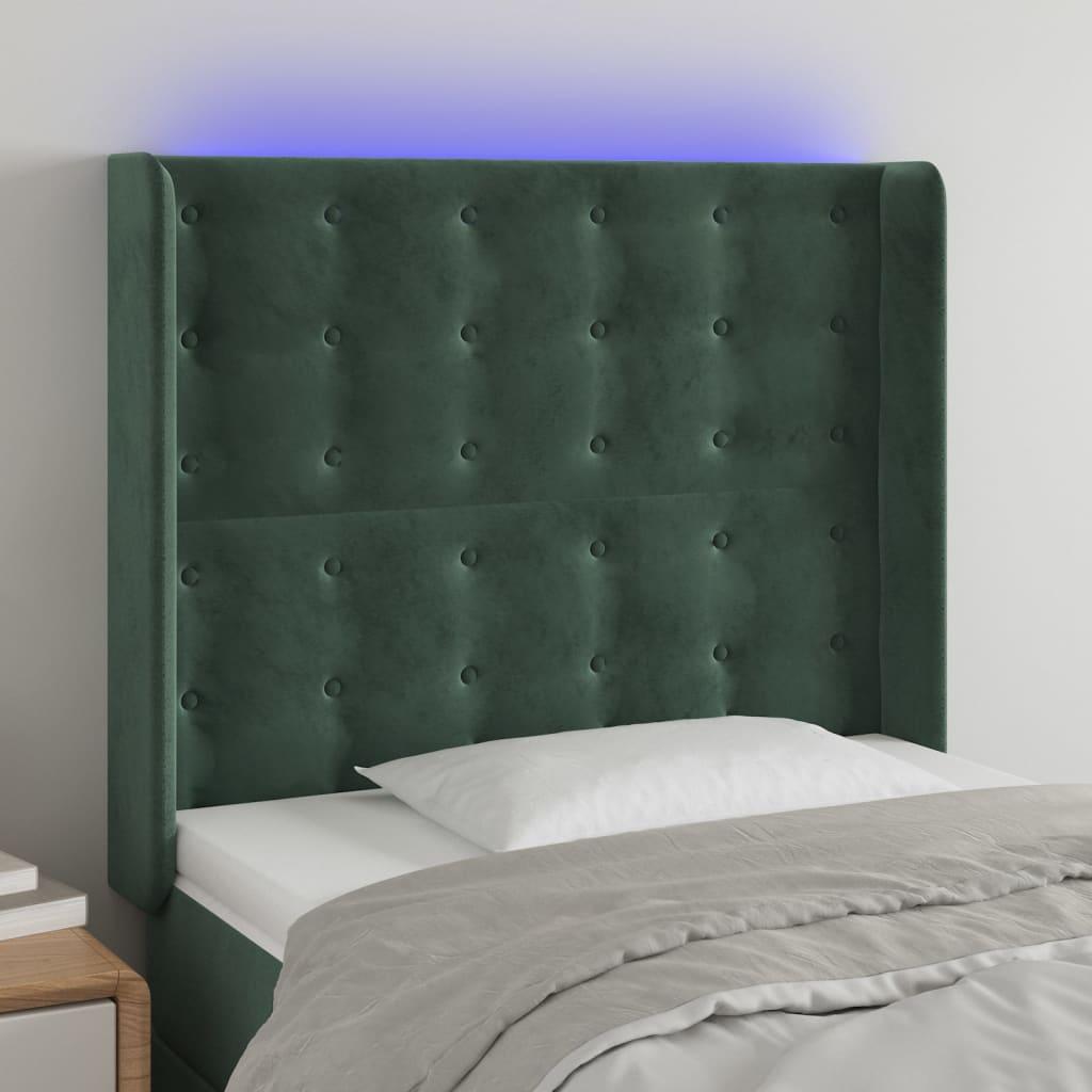 Sengegavl med LED-lys 103×16×118/128 cm - fløjl, mørkegrøn