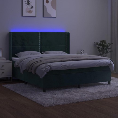 Kontinentalseng med LED-lys 160x200 cm fløjl mørkegrøn