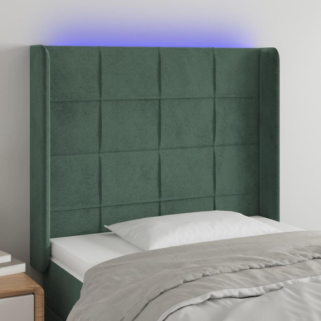 Sengegavl med LED-lys 83×16×118/128 cm - fløjl, mørkegrøn