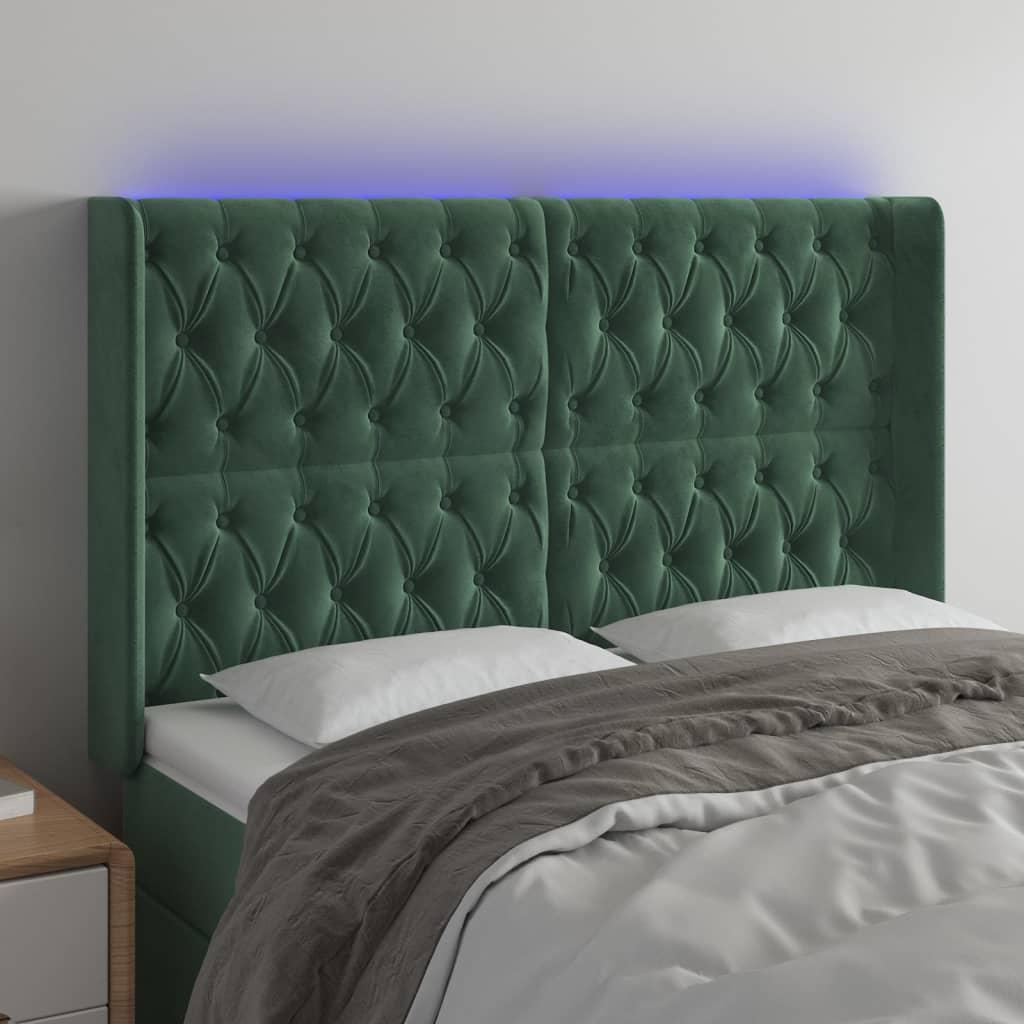 Sengegavl med LED-lys 163x16x118/128 cm - fløjl, mørkegrøn