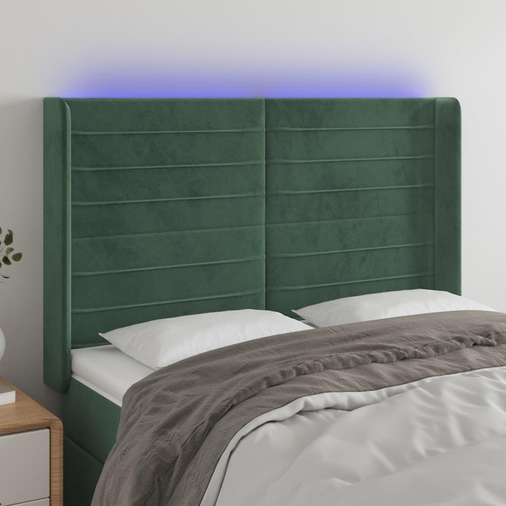 Sengegavl med LED-lys 147×16×118/128 cm - fløjl, mørkegrøn