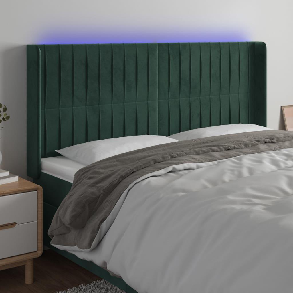 Sengegavl med LED-lys 183x16x118/128 cm - fløjl, mørkegrøn