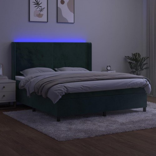 Kontinentalseng med LED-lys 160×200 cm - fløjl, mørkegrøn