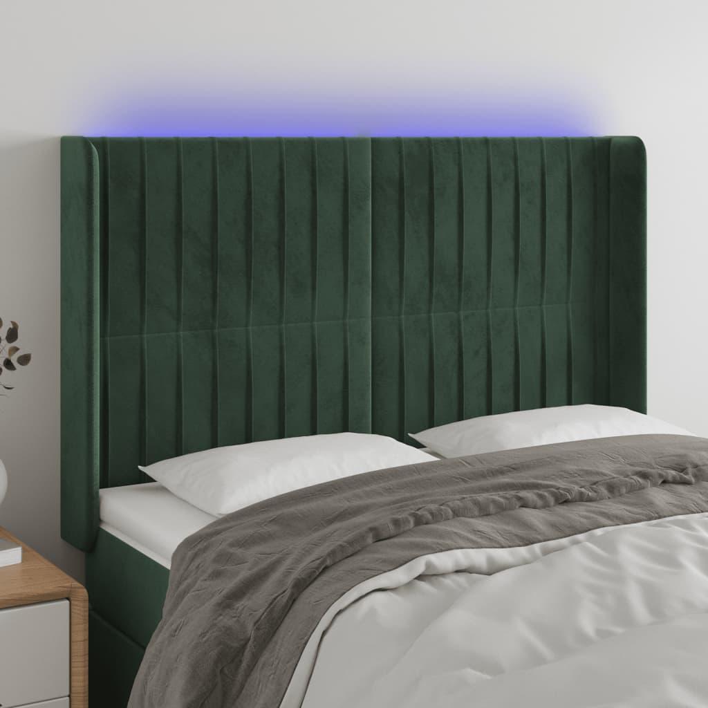 Sengegavl med LED-lys 147x16x118/128 cm - fløjl, mørkegrøn