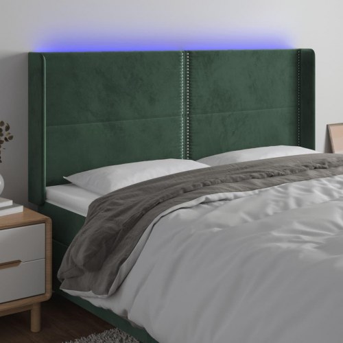 Sengegavl med LED-lys 183x16x118/128 cm fløjl mørkegrøn