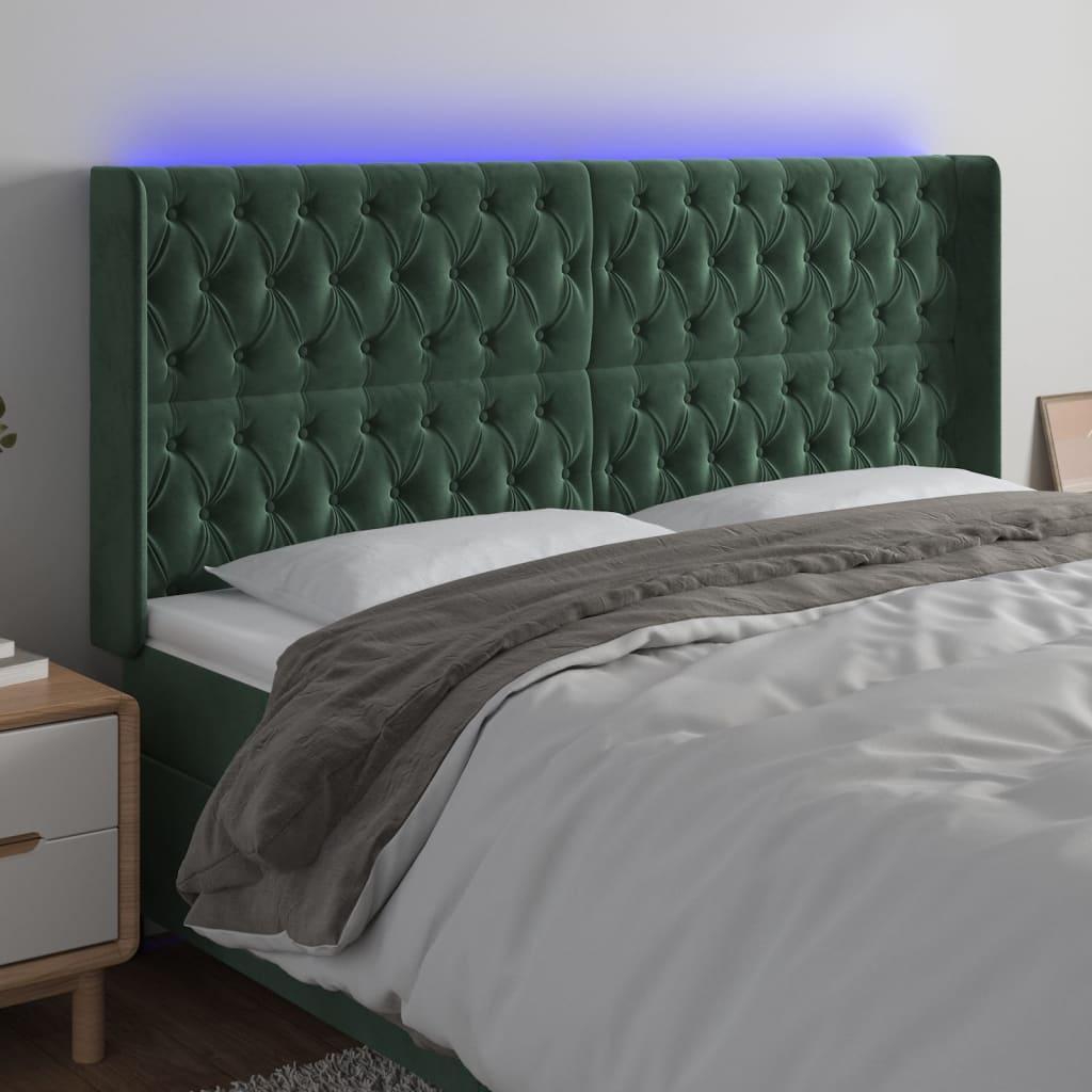 Sengegavl med LED-lys 183x16x118/128 cm - fløjl, mørkegrøn