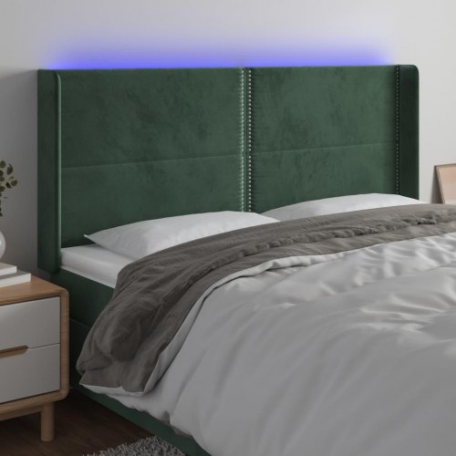 Sengegavl med LED-lys 163x16x118/128 cm fløjl mørkegrøn
