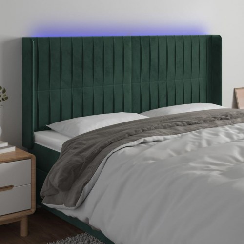 Sengegavl med LED-lys i fløjl - mørkegrøn 203 x 16 x 118/128 cm