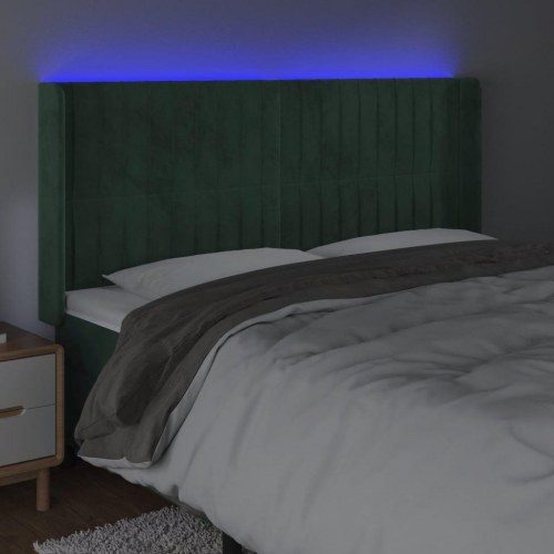 Sengegavl med LED-lys i fløjl - mørkegrøn 203 x 16 x 118/128 cm